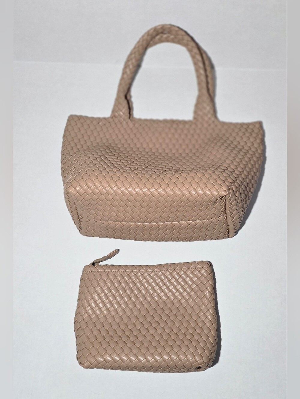Rachel Zoe Braded Tan Woven Tote and Zip Pouch Snap Closure